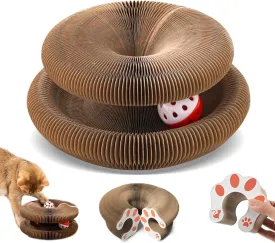 1 Pack Kitty Kurlz Cat Scratch Board with Balls Bells, Magic Organ Foldable Cat Scratching Interactive Toys for Indoor Outdoor Exercise Anxiety Relief, Auburn