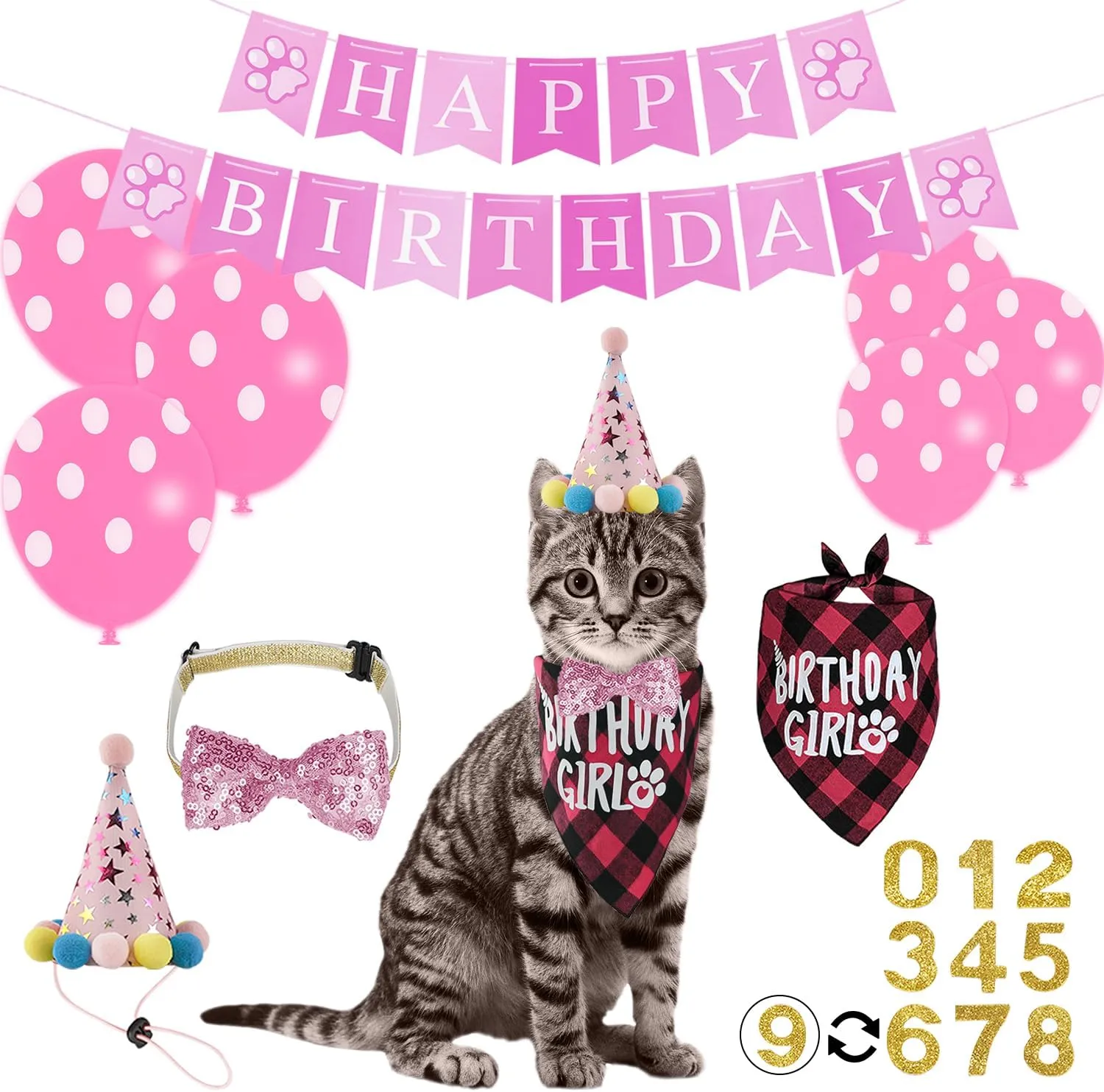 16 Pcs Cat Birthday Party Supplies, Cat Birthday Bandana with Birthday Number Hat, Banner, Bow Tie, Balloons for Cat Kitten Birthday Decorations (Pink)