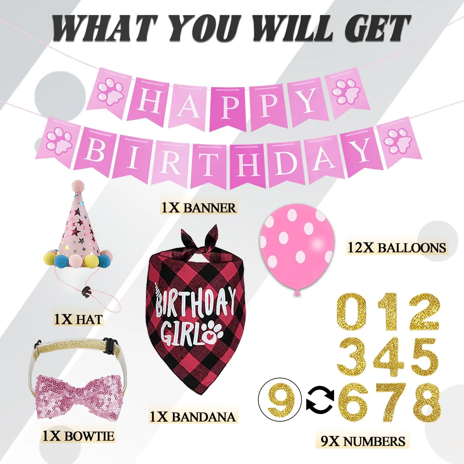 16 Pcs Cat Birthday Party Supplies, Cat Birthday Bandana with Birthday Number Hat, Banner, Bow Tie, Balloons for Cat Kitten Birthday Decorations (Pink)