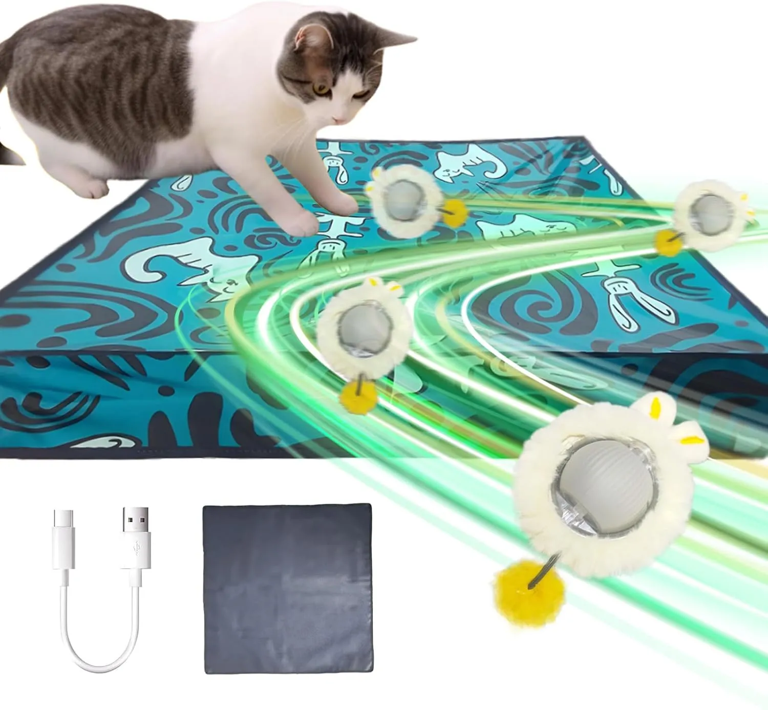 2 in 1 Interactive Cat Toys for Indoor, Toy Fast Rolling Ball in Play Mat,Kitten Automatic Toy Motion Activate,Rechargeable Kitten Toys Ball(Blue)