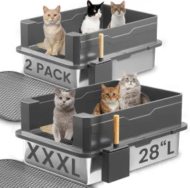 2-Pack XXXL Stainless Steel Cat Litter Box  Extra Large 28" L x 20" W with High Sides & Lid, Non-Stick, No Odor, Leak-Proof Metal Boxes for Large & Multiple Cats, Easy to Clean