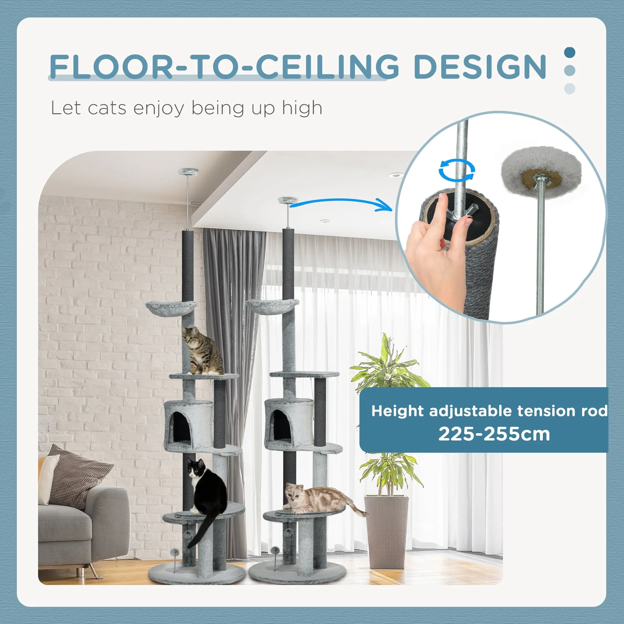 255cm Floor to Ceiling Cat Tree with Scratching Posts Height Adjustable Cat Tower with Hammock House Anti-tipping Kit Perches Toys Grey