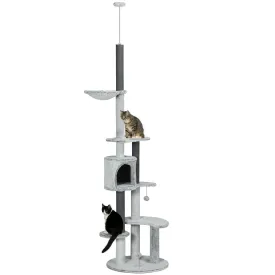255cm Floor to Ceiling Cat Tree with Scratching Posts Height Adjustable Cat Tower with Hammock House Anti-tipping Kit Perches Toys Grey