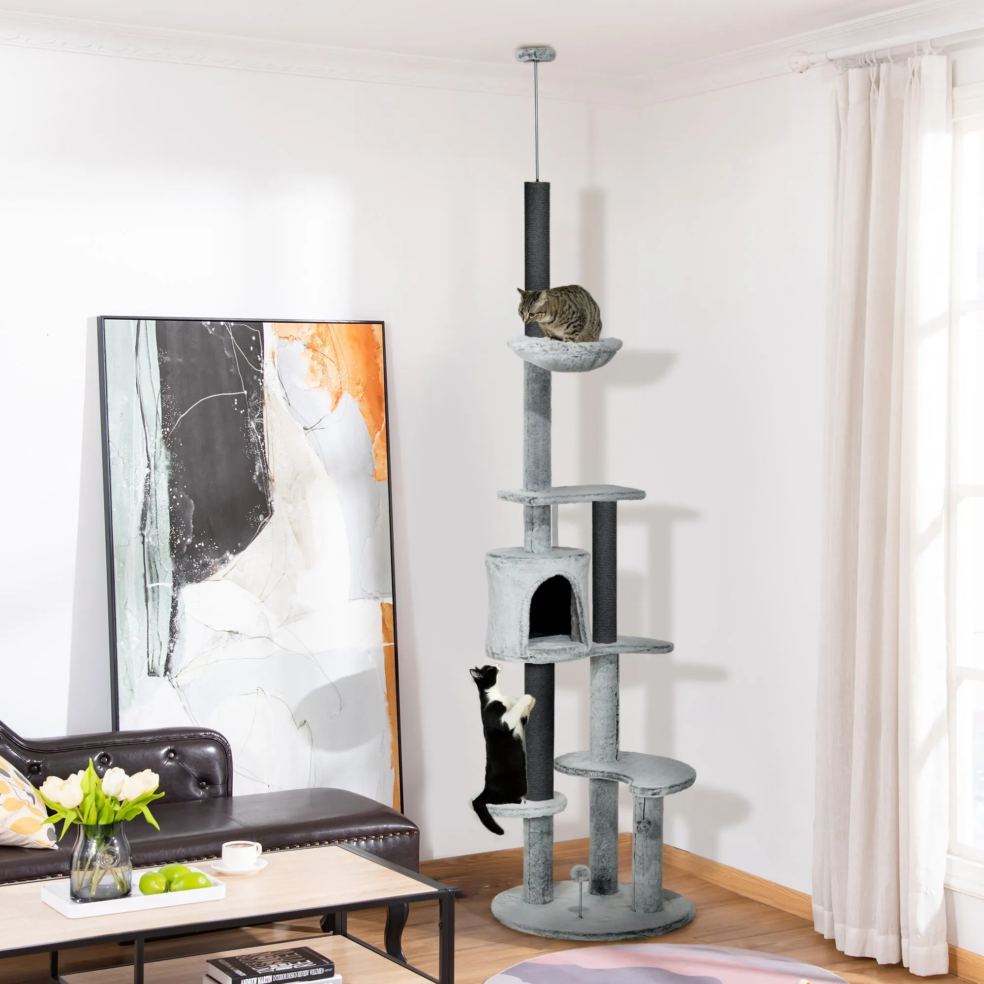 255cm Floor to Ceiling Cat Tree with Scratching Posts Height Adjustable Cat Tower with Hammock House Anti-tipping Kit Perches Toys Grey