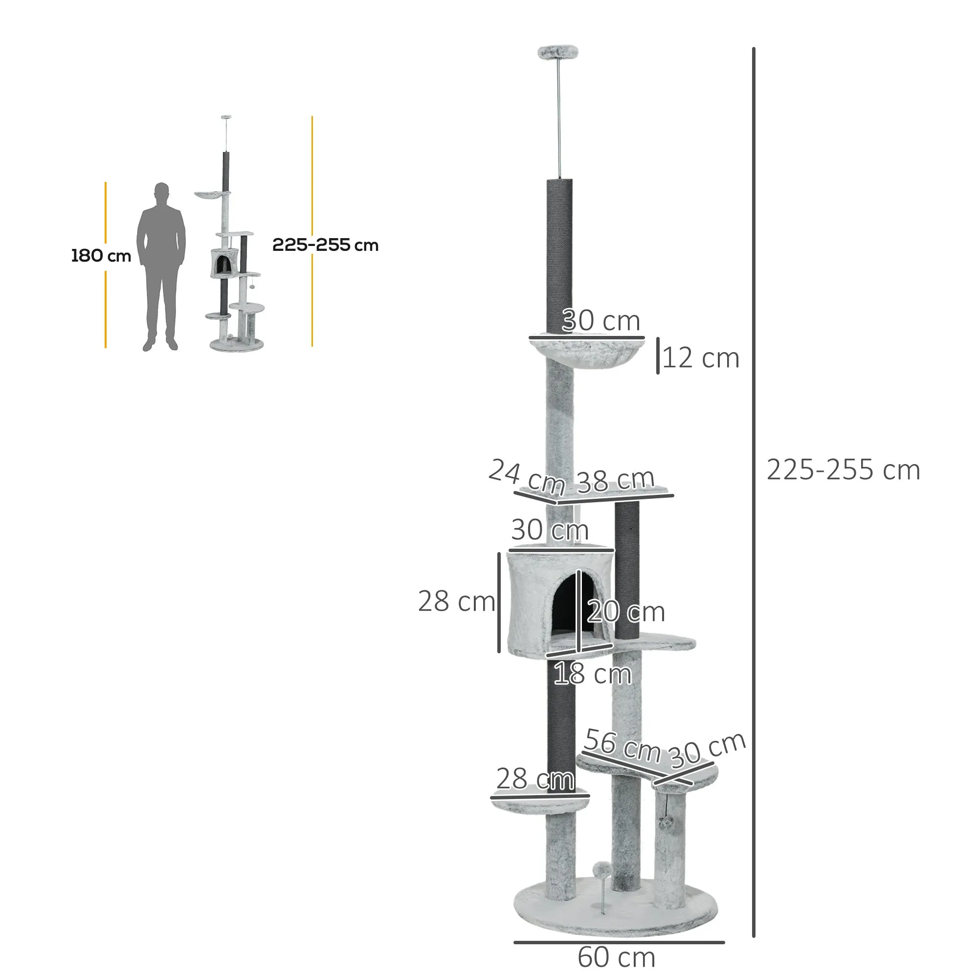 255cm Floor to Ceiling Cat Tree with Scratching Posts Height Adjustable Cat Tower with Hammock House Anti-tipping Kit Perches Toys Grey