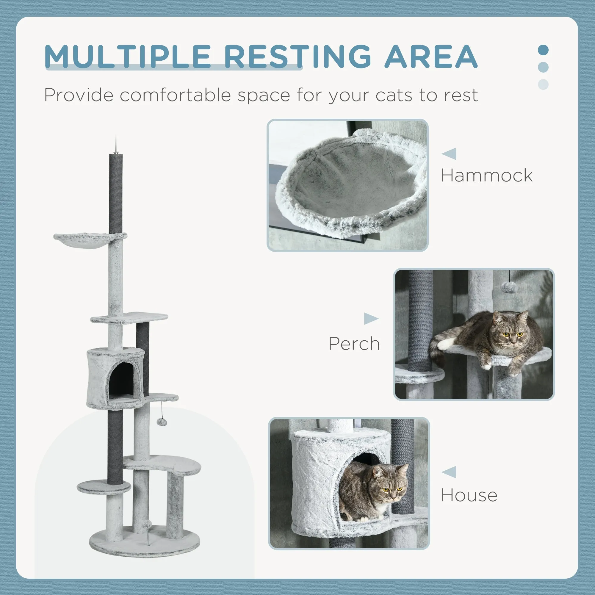 255cm Floor to Ceiling Cat Tree with Scratching Posts Height Adjustable Cat Tower with Hammock House Anti-tipping Kit Perches Toys Grey