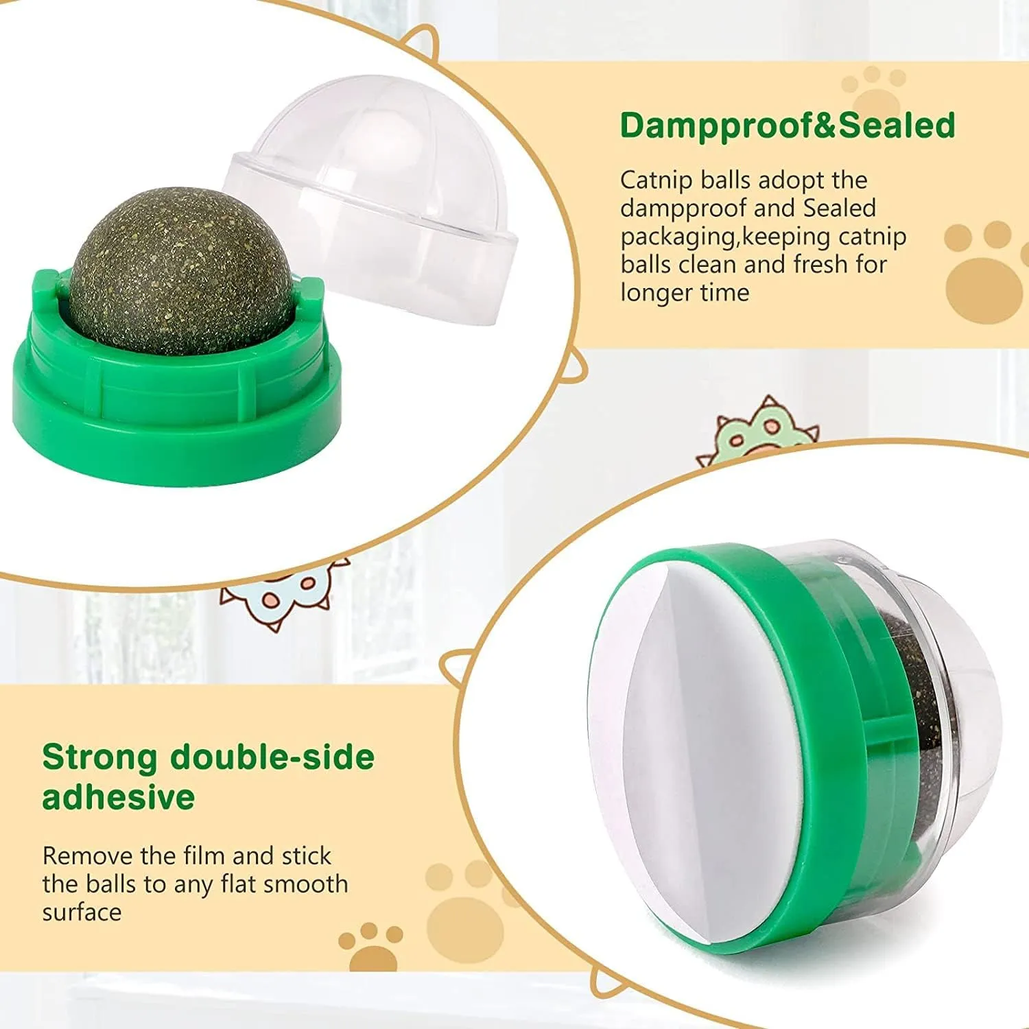 3 Pack Catnip Balls, Catnip Ball for Cats Wall, Edible Kitty Toys for Cats Lick, Safe Healthy Kitten Chew Toys, Teeth Cleaning Dental Cat Toys, Cat Wall Treats (Green)