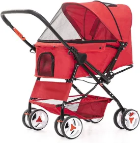4 Wheel Dog Strollers for Medium Small Dogs Cat/Dog Stroller Easy One-Hand Fold Reversible Push Handle Pet Stroller Puppy & Kitten Carrier Extended Cockpit (Grey) (Red)
