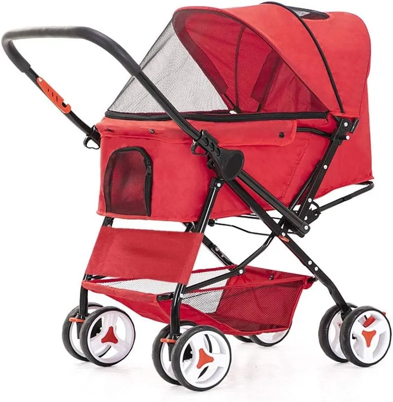 4 Wheel Dog Strollers for Medium Small Dogs Cat/Dog Stroller Easy One-Hand Fold Reversible Push Handle Pet Stroller Puppy & Kitten Carrier Extended Cockpit (Grey) (Red)