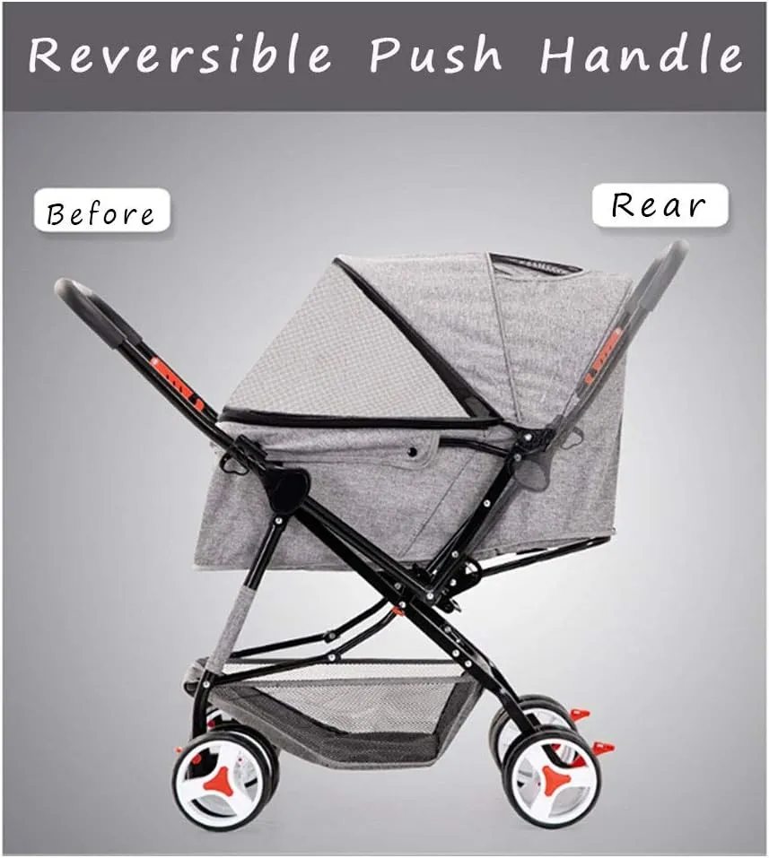 4 Wheel Dog Strollers for Medium Small Dogs Cat/Dog Stroller Easy One-Hand Fold Reversible Push Handle Pet Stroller Puppy & Kitten Carrier Extended Cockpit (Grey) (Red)