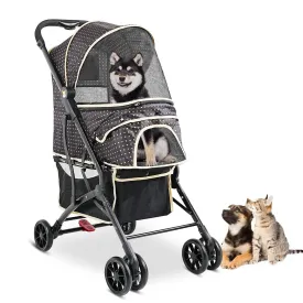 4 Wheels Dogs Cats Stroller for Small Medium Dogs Cats Pets up to 35 LBSFoldable Dog Cat Stroller Jogger Travel Strollers with Storage Basket and Cup Holder, Polka Squares