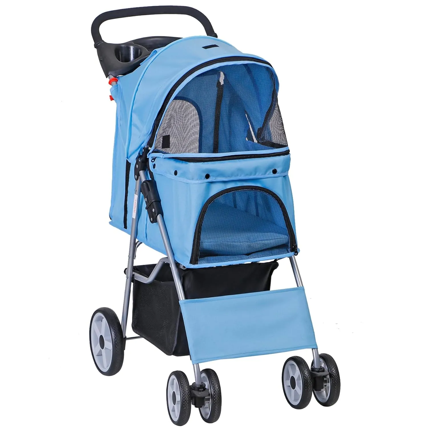 4 Wheels Foldable Pet Dog Cat Jogger Stroller Travel Carrier Strolling Cart w/Waterproof Cover Storage Basket Cup Holder & Removable Liner for Medium Small Cat Dog, Blue