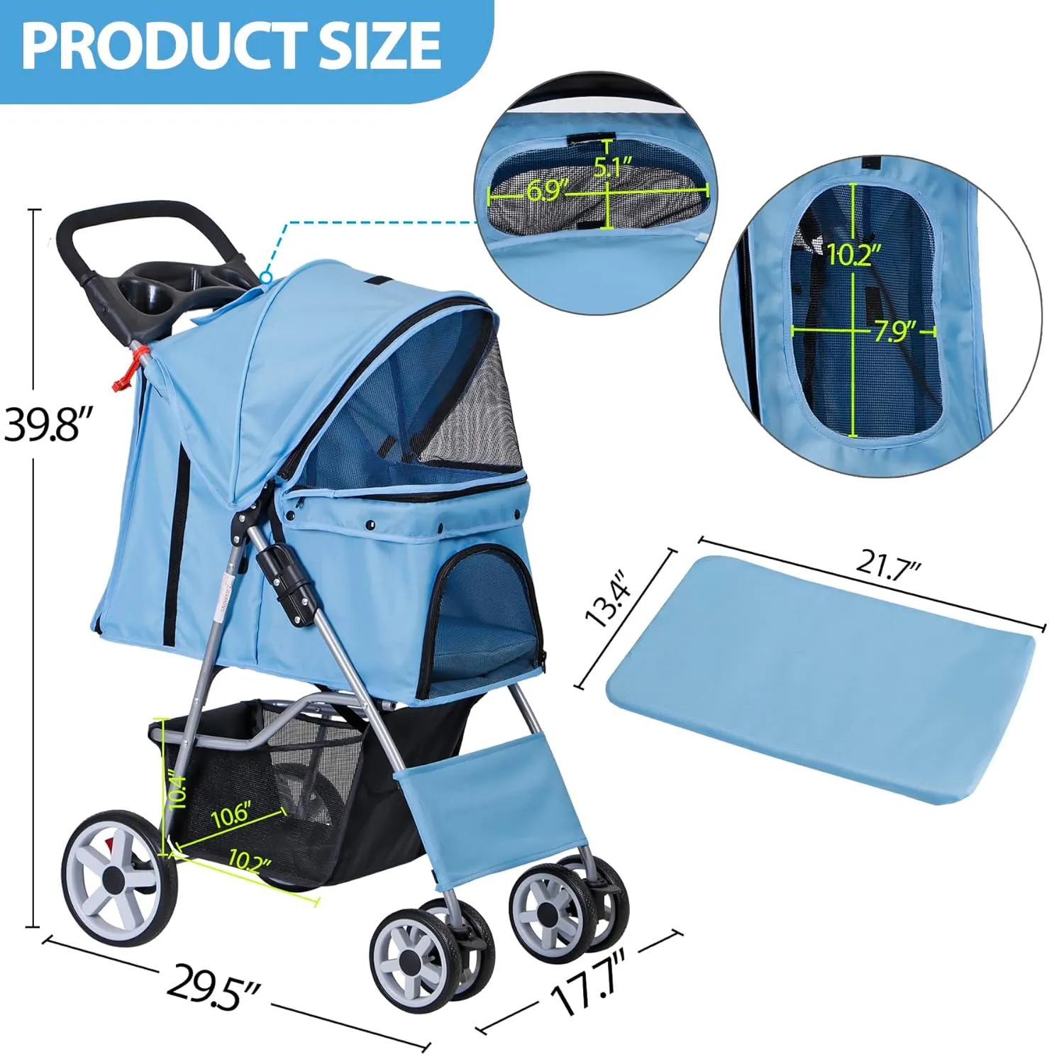 4 Wheels Foldable Pet Dog Cat Jogger Stroller Travel Carrier Strolling Cart w/Waterproof Cover Storage Basket Cup Holder & Removable Liner for Medium Small Cat Dog, Blue