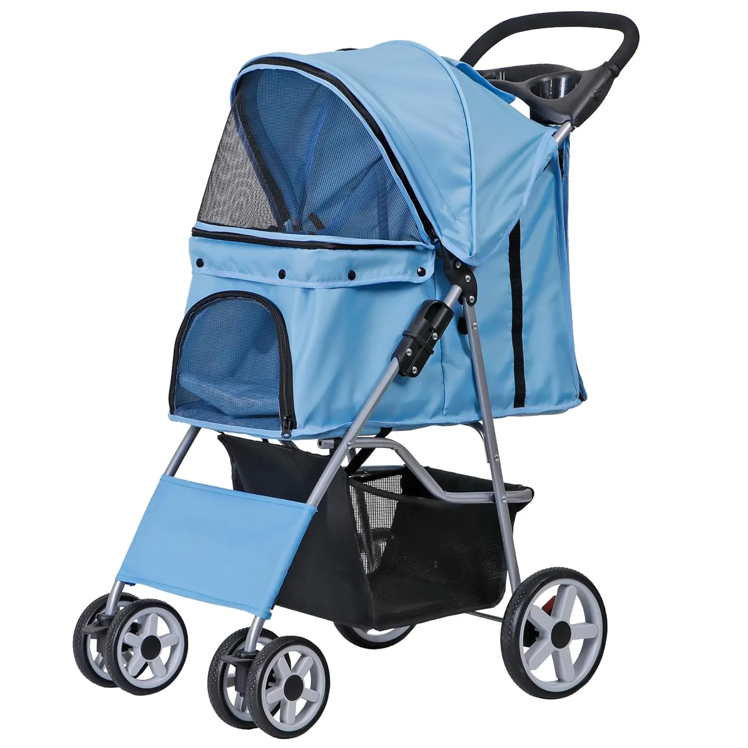 4 Wheels Foldable Pet Dog Cat Jogger Stroller Travel Carrier Strolling Cart w/Waterproof Cover Storage Basket Cup Holder & Removable Liner for Medium Small Cat Dog, Blue