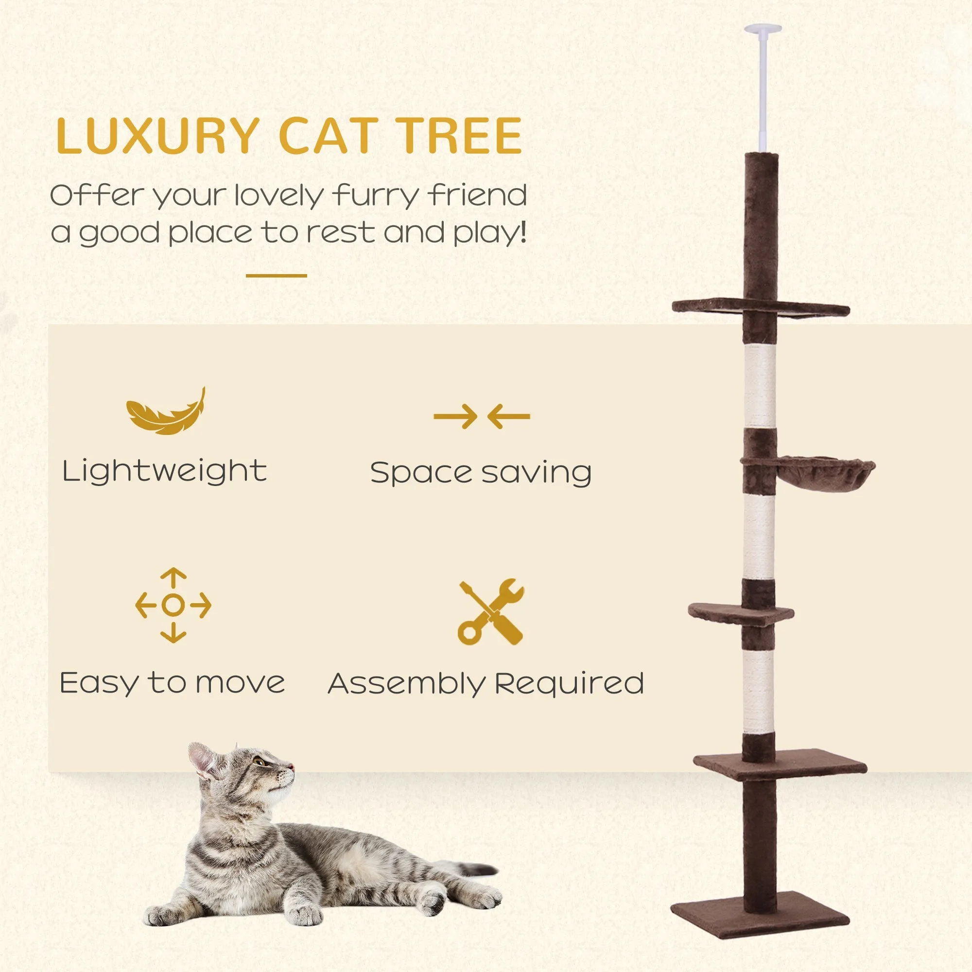 5-Tier Floor to Ceiling Cat Tree Tall Kitty Tower Climbing Activity Center Scratching Post Adjustable Height 230-260cm Brown