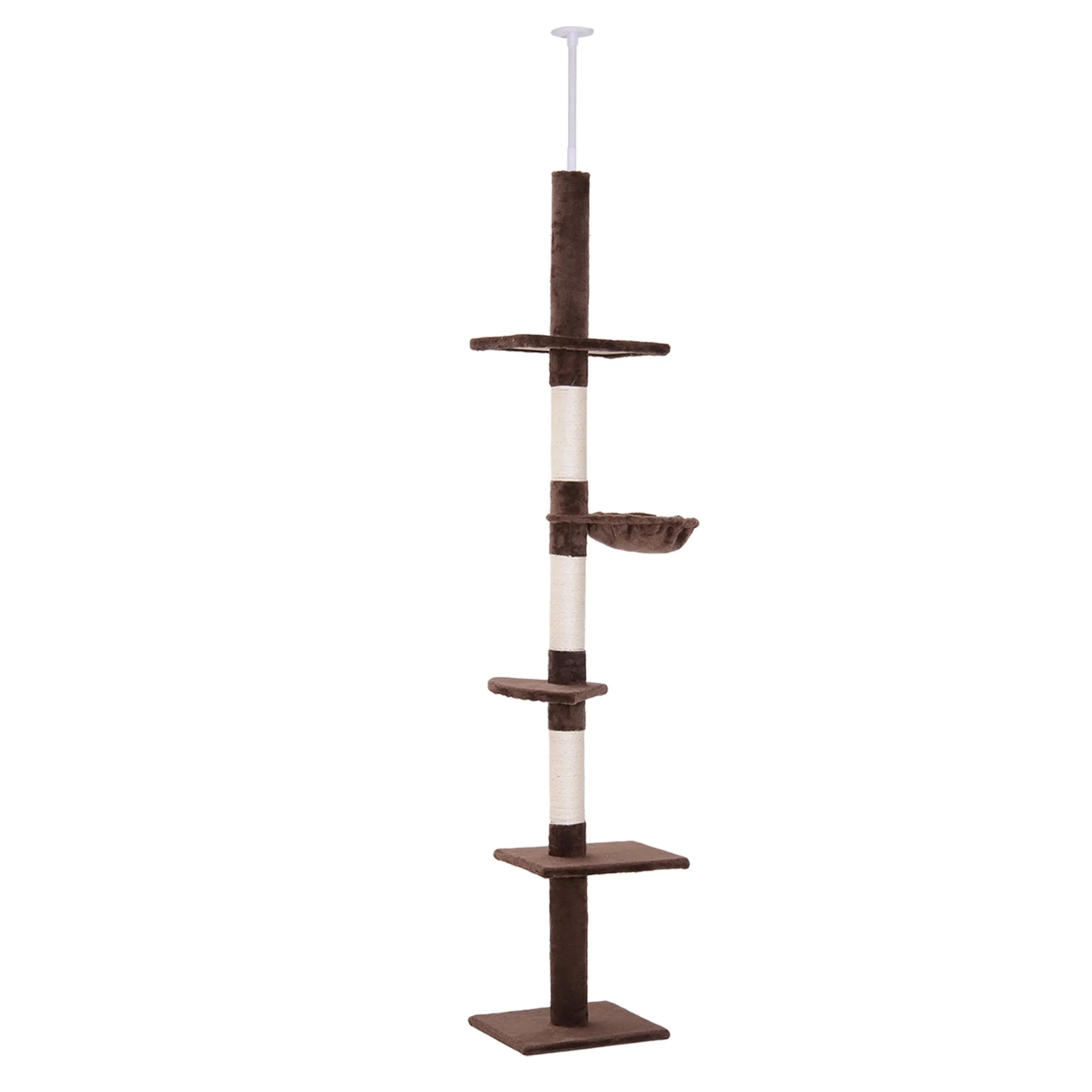 5-Tier Floor to Ceiling Cat Tree Tall Kitty Tower Climbing Activity Center Scratching Post Adjustable Height 230-260cm Brown