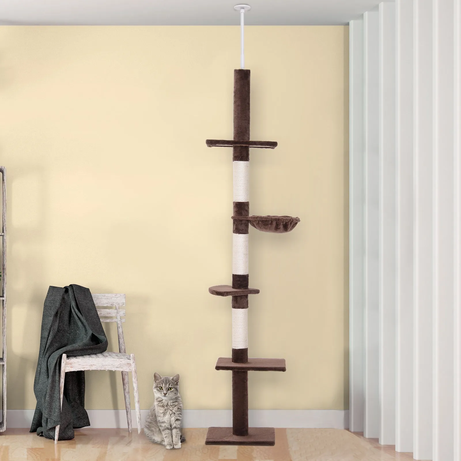 5-Tier Floor to Ceiling Cat Tree Tall Kitty Tower Climbing Activity Center Scratching Post Adjustable Height 230-260cm Brown