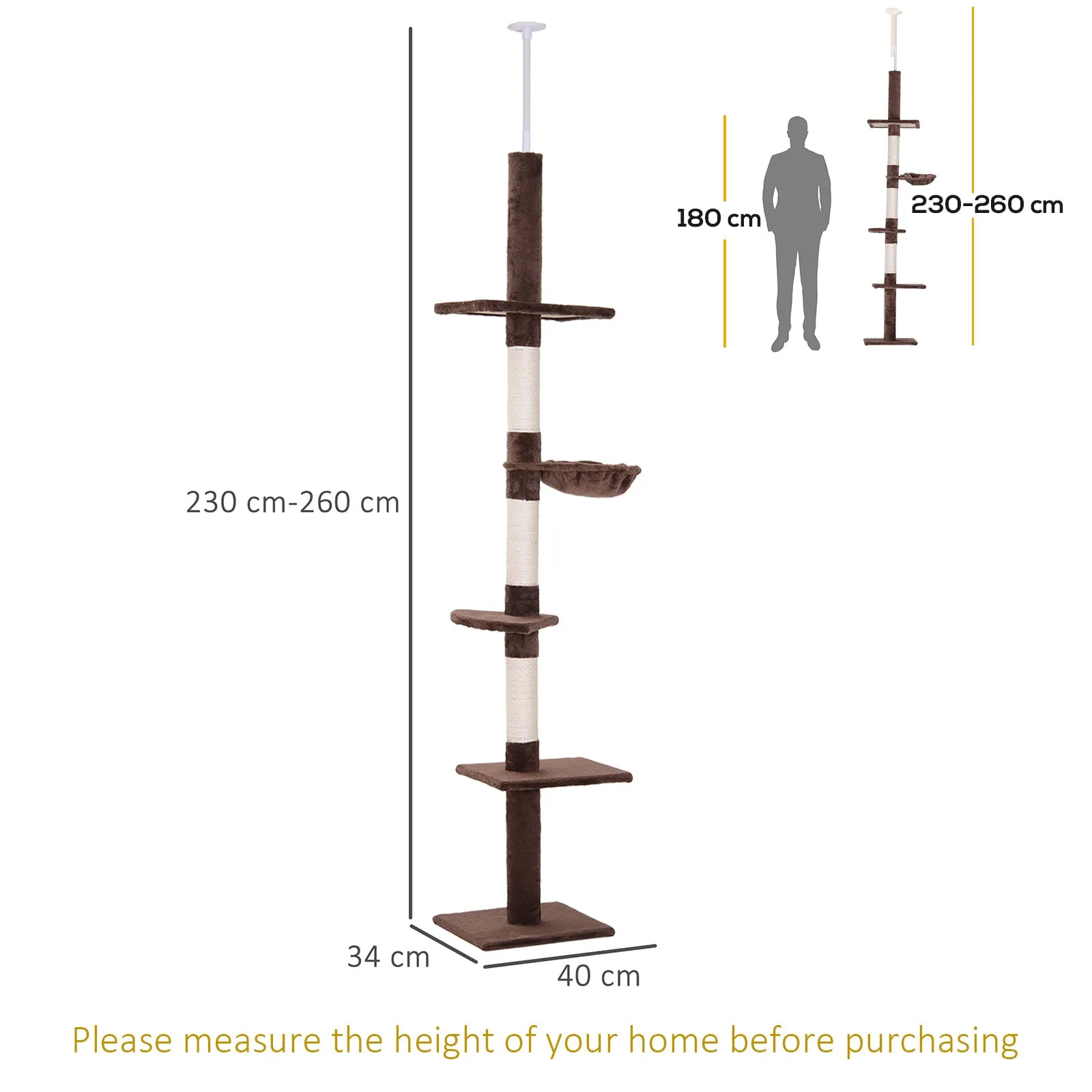 5-Tier Floor to Ceiling Cat Tree Tall Kitty Tower Climbing Activity Center Scratching Post Adjustable Height 230-260cm Brown