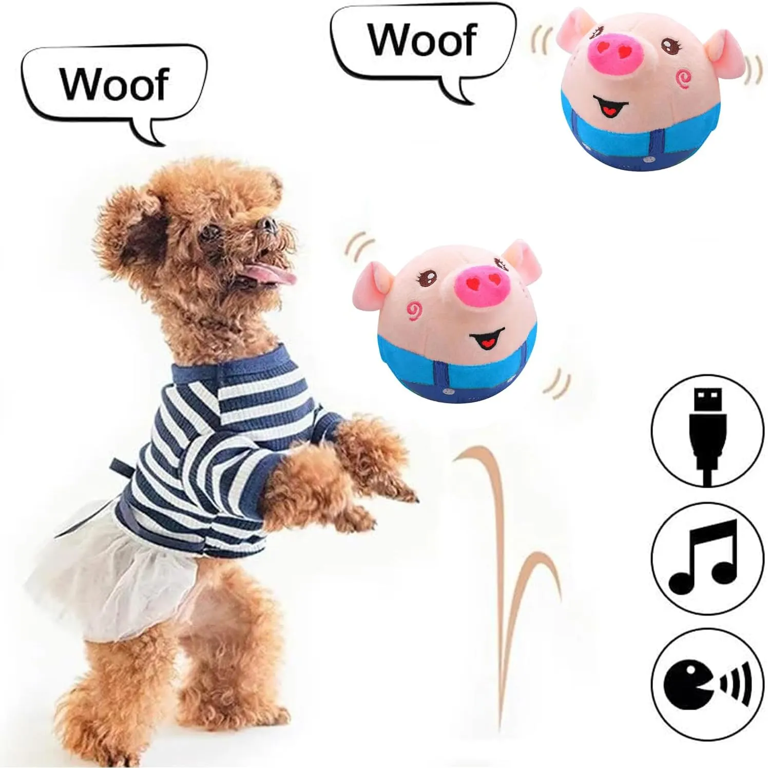 Active Moving Pet Plush Toy, Interactive Dog Toy Pet Bouncing Balls, USB Rechargeable Interactive Washable Cartoon Pig Plush Sound Electronic Dog Toy, Small Plush Sound Toys for Dogs (D)