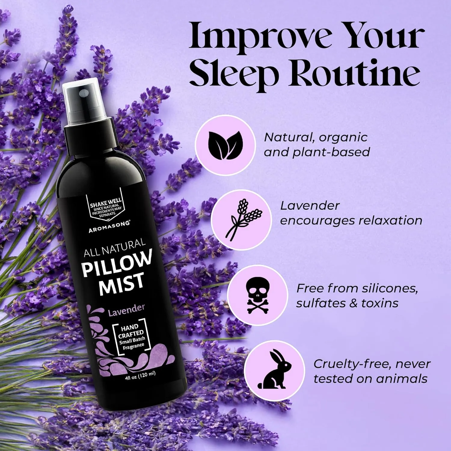 Aromasong Lavender Pillow Spray - All Natural Calming Linen & Bedtime Mist for Deep Sleep - Aromatherapy Botanical Essential Oils for Sleeping - for Relaxing Stress Fragrance Scent