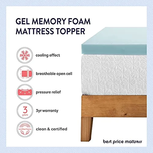 Best Price Mattress 1.5 Inch Ventilated Memory Foam Mattress Topper, Cooling Gel Infusion, CertiPUR-US Certified, King, Blue