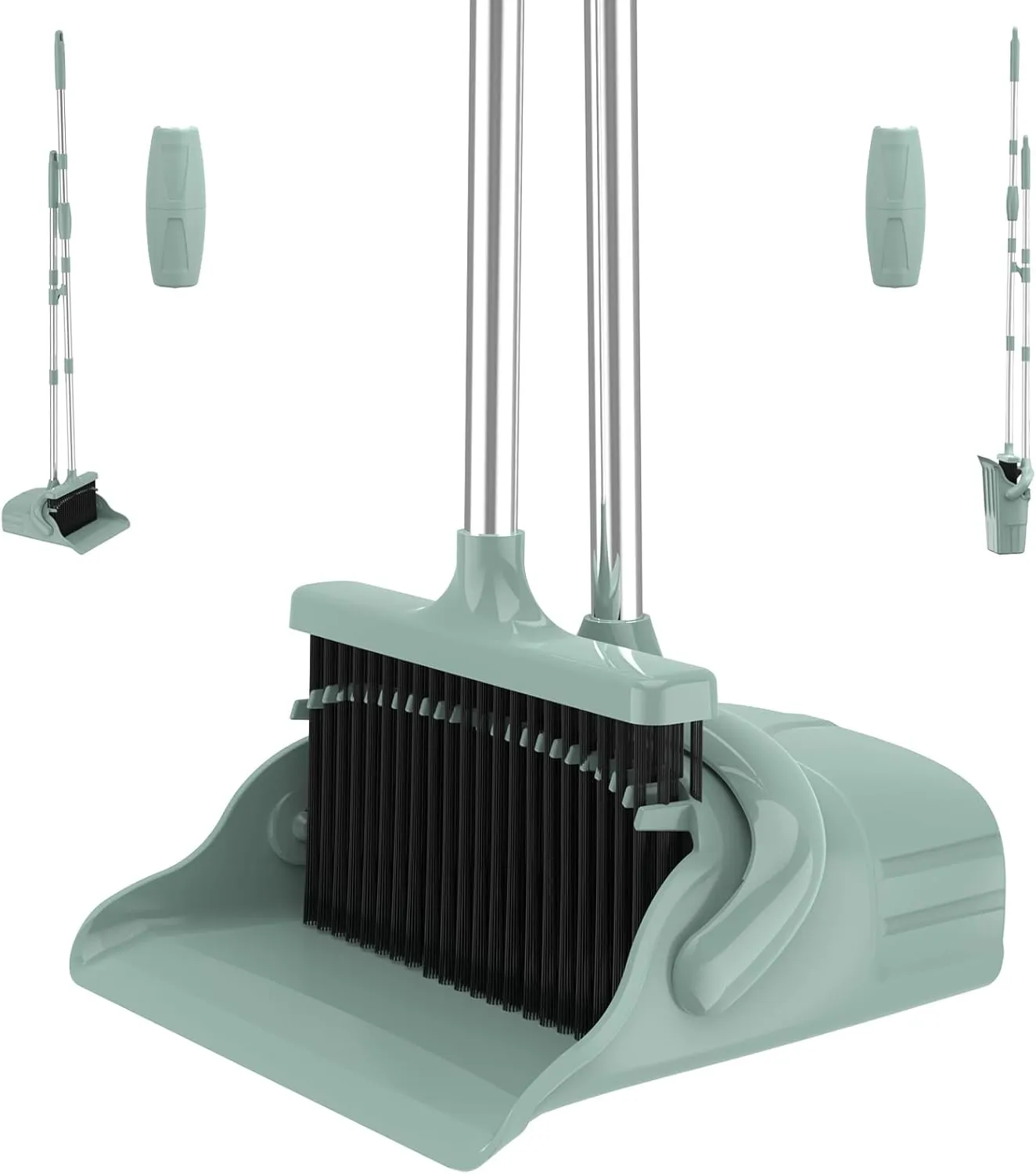 Broom and Dustpan Set with 52'' Long Handle,Stand Up Dustpan with Broom Combo Set for Home Kitchen Room Office Lobby Floor Use-Green