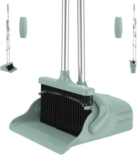 Broom and Dustpan Set with 52'' Long Handle,Stand Up Dustpan with Broom Combo Set for Home Kitchen Room Office Lobby Floor Use-Green