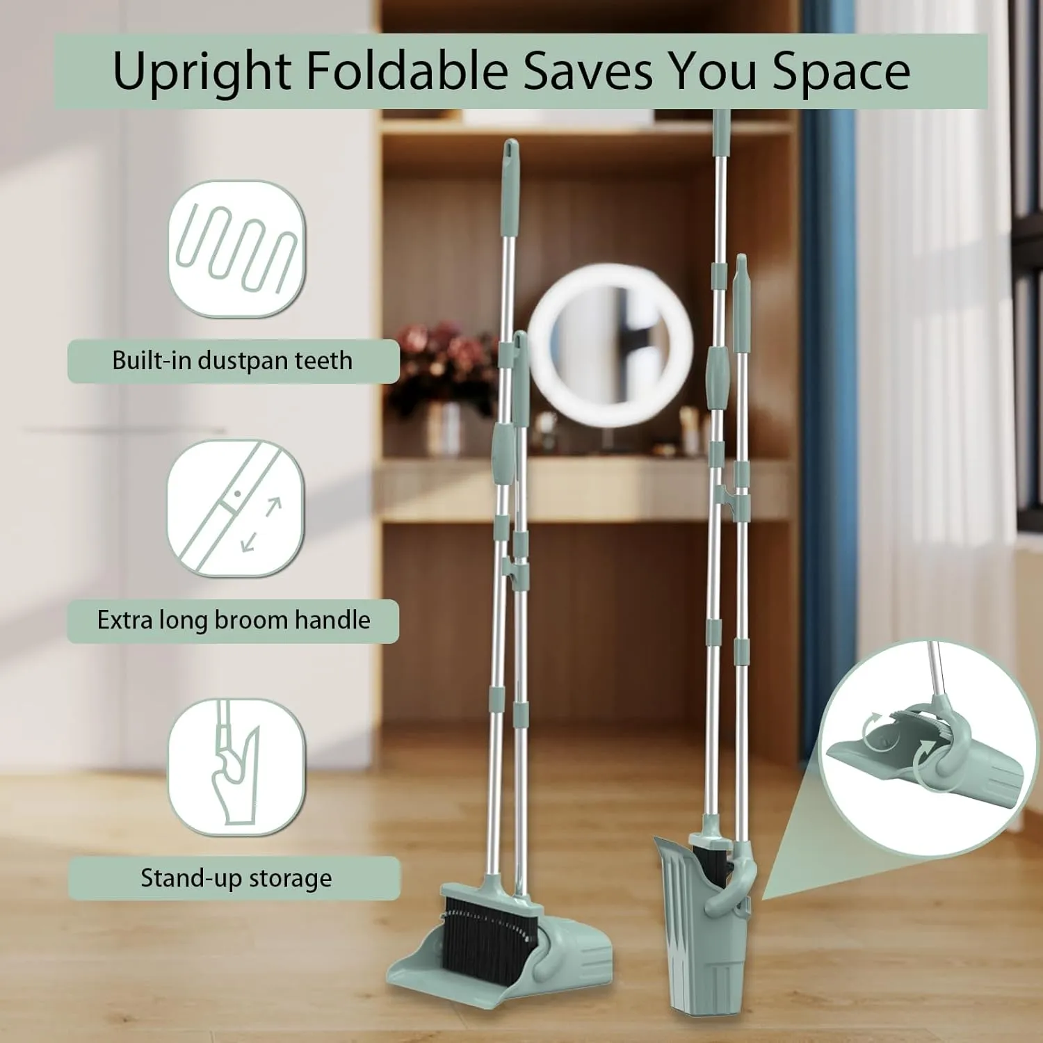Broom and Dustpan Set with 52'' Long Handle,Stand Up Dustpan with Broom Combo Set for Home Kitchen Room Office Lobby Floor Use-Green
