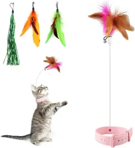 Cat Feather Collar Toy, Interactive Toys for Indoor Cats Self Play Funny Teaser Wand Neck 3-in-1 Collar Toy Feathers with Bell & 3 Refills Hands Free for Cats Play Pink