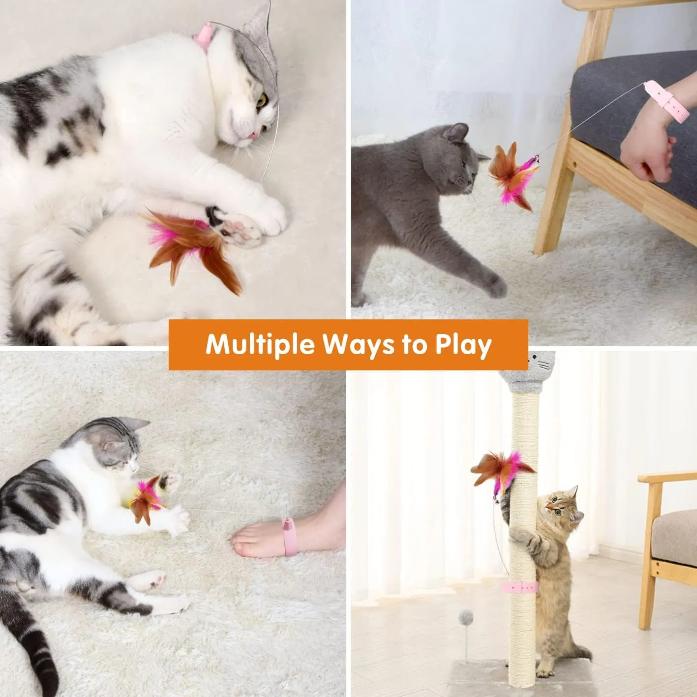 Cat Feather Collar Toy, Interactive Toys for Indoor Cats Self Play Funny Teaser Wand Neck 3-in-1 Collar Toy Feathers with Bell & 3 Refills Hands Free for Cats Play Pink
