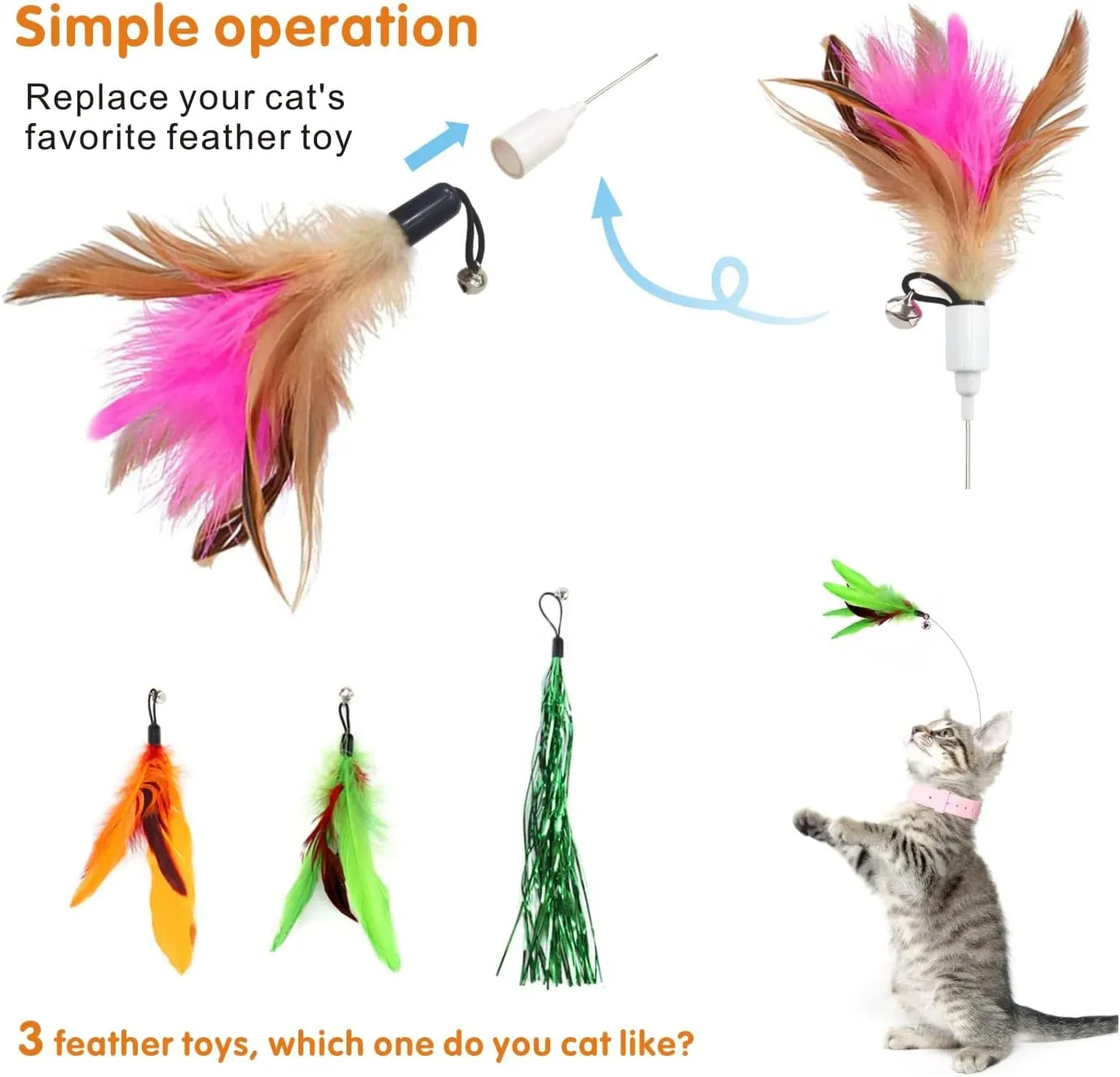 Cat Feather Collar Toy, Interactive Toys for Indoor Cats Self Play Funny Teaser Wand Neck 3-in-1 Collar Toy Feathers with Bell & 3 Refills Hands Free for Cats Play Pink