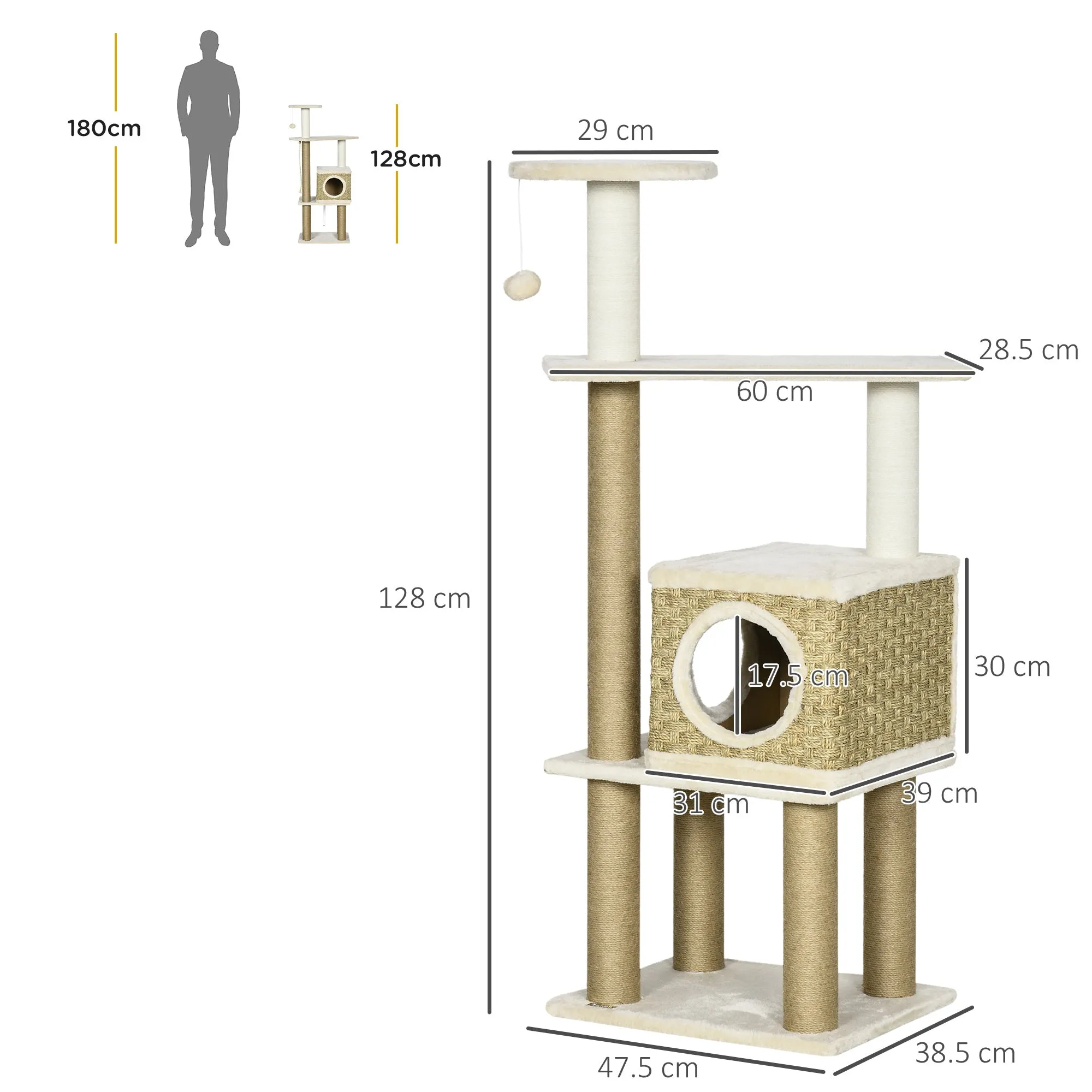 Cat Tree Climbing Kitten Cat Tower Activity Center for Indoor Cats with Jute Scratching Post Condo Kitten Stand Hanging Ball Toy Beige