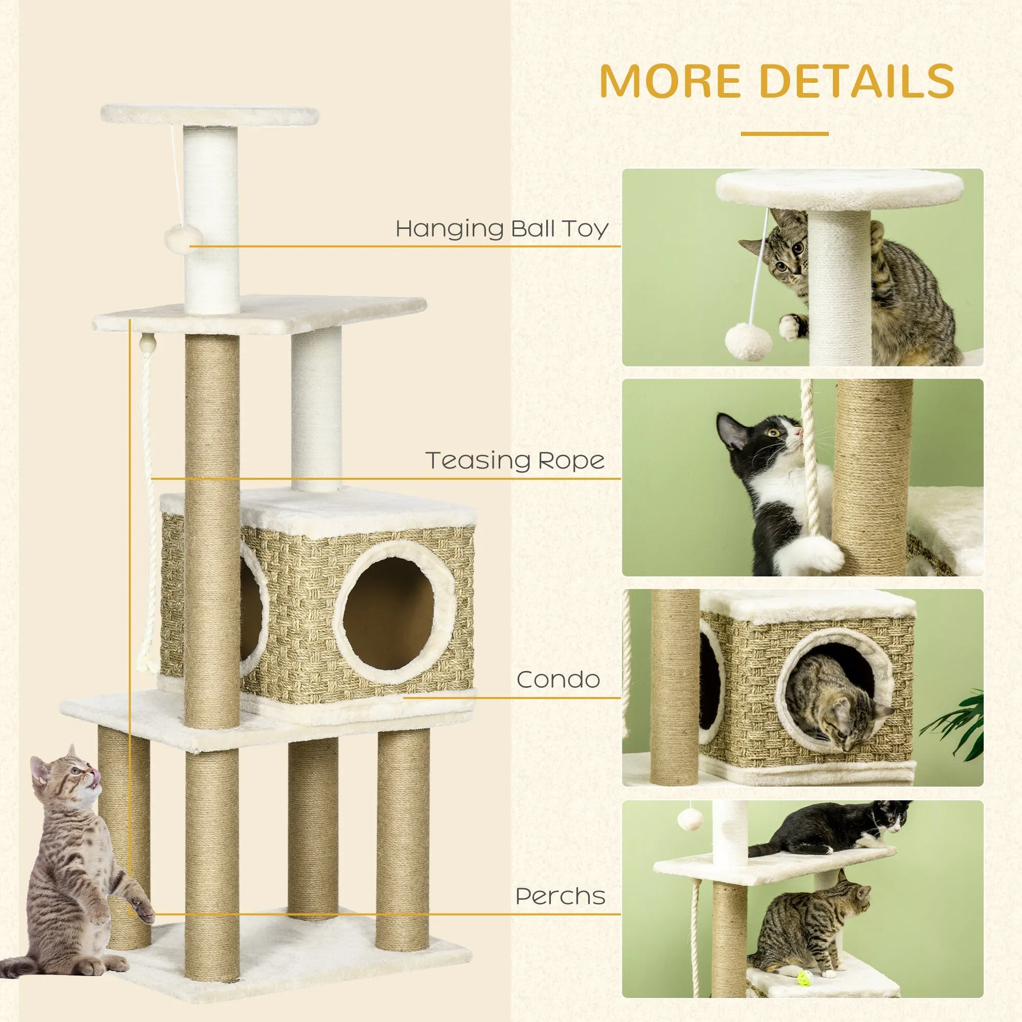 Cat Tree Climbing Kitten Cat Tower Activity Center for Indoor Cats with Jute Scratching Post Condo Kitten Stand Hanging Ball Toy Beige