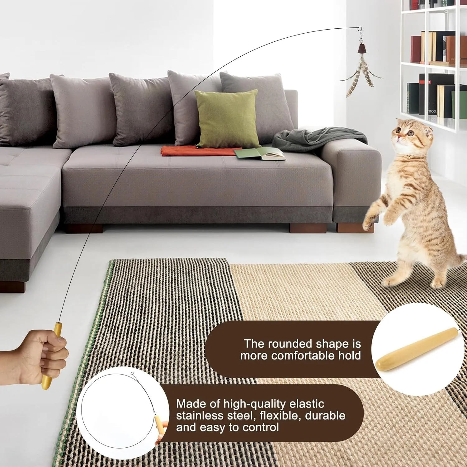 Cat Wand Toy for Indoor Cats, 32'' Flexible Steel Wire 5PCS Feather Cat Toys with Sturdy Wood Handle Replaceable Rotating Feather Cat String Kitten Toy (32'' Steel Wire   5PCS Feather)