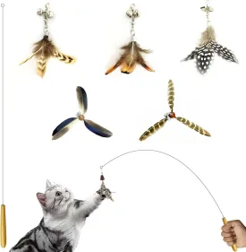 Cat Wand Toy for Indoor Cats, 32'' Flexible Steel Wire 5PCS Feather Cat Toys with Sturdy Wood Handle Replaceable Rotating Feather Cat String Kitten Toy (32'' Steel Wire   5PCS Feather)