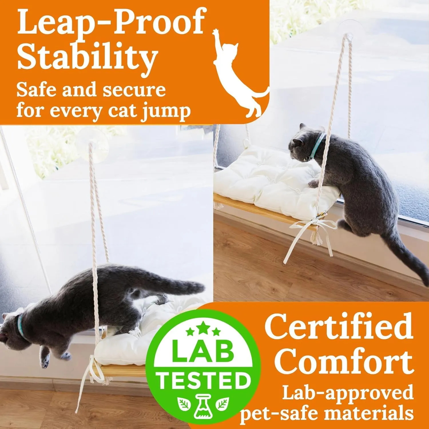 Cat Window Perch Soft Pillow Premium Hardwood Seat Cat Hammock for Cats Inside with Strong Suction Cups Hanging Shelf Cozy Window Bed