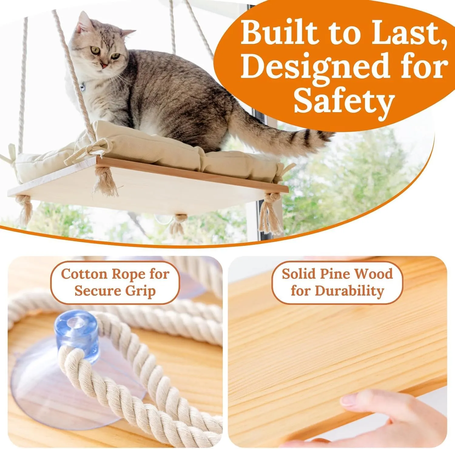 Cat Window Perch Soft Pillow Premium Hardwood Seat Cat Hammock for Cats Inside with Strong Suction Cups Hanging Shelf Cozy Window Bed
