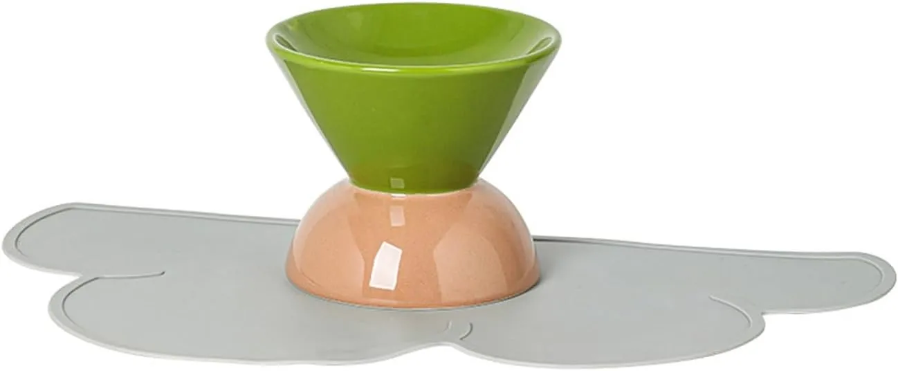 Ceramic Dog and Cat Bowl, Elevated Ceramic Dog-Food Bowl and Water Bowl Set, No Spill Non Skid Dog Bowl Mat Pet Bowls, Dry/Wet Food(Green Brown)