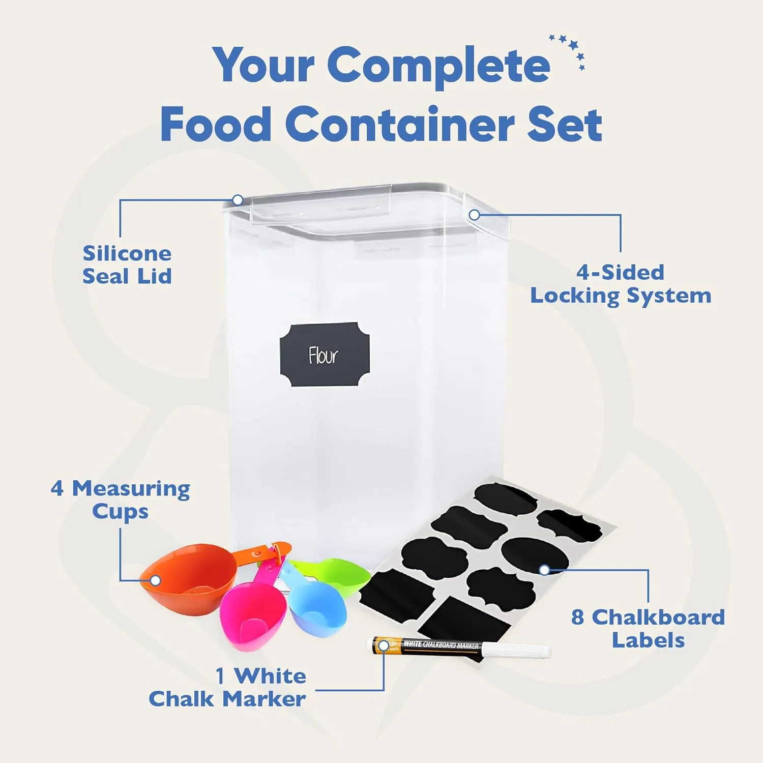 Chef's Path Extra Large Tall Airtight Food Storage Containers, Set of 4, Airtight Food Storage for Flour, Sugar, Rice, Includes Measuring Scoops, Pen, and Labels, 7qt, 220Oz, 6.5L, Transparent