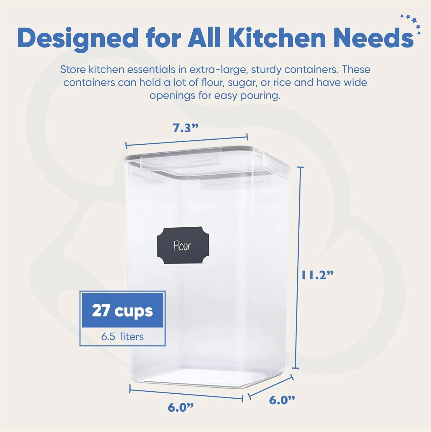 Chef's Path Extra Large Tall Airtight Food Storage Containers, Set of 4, Airtight Food Storage for Flour, Sugar, Rice, Includes Measuring Scoops, Pen, and Labels, 7qt, 220Oz, 6.5L, Transparent