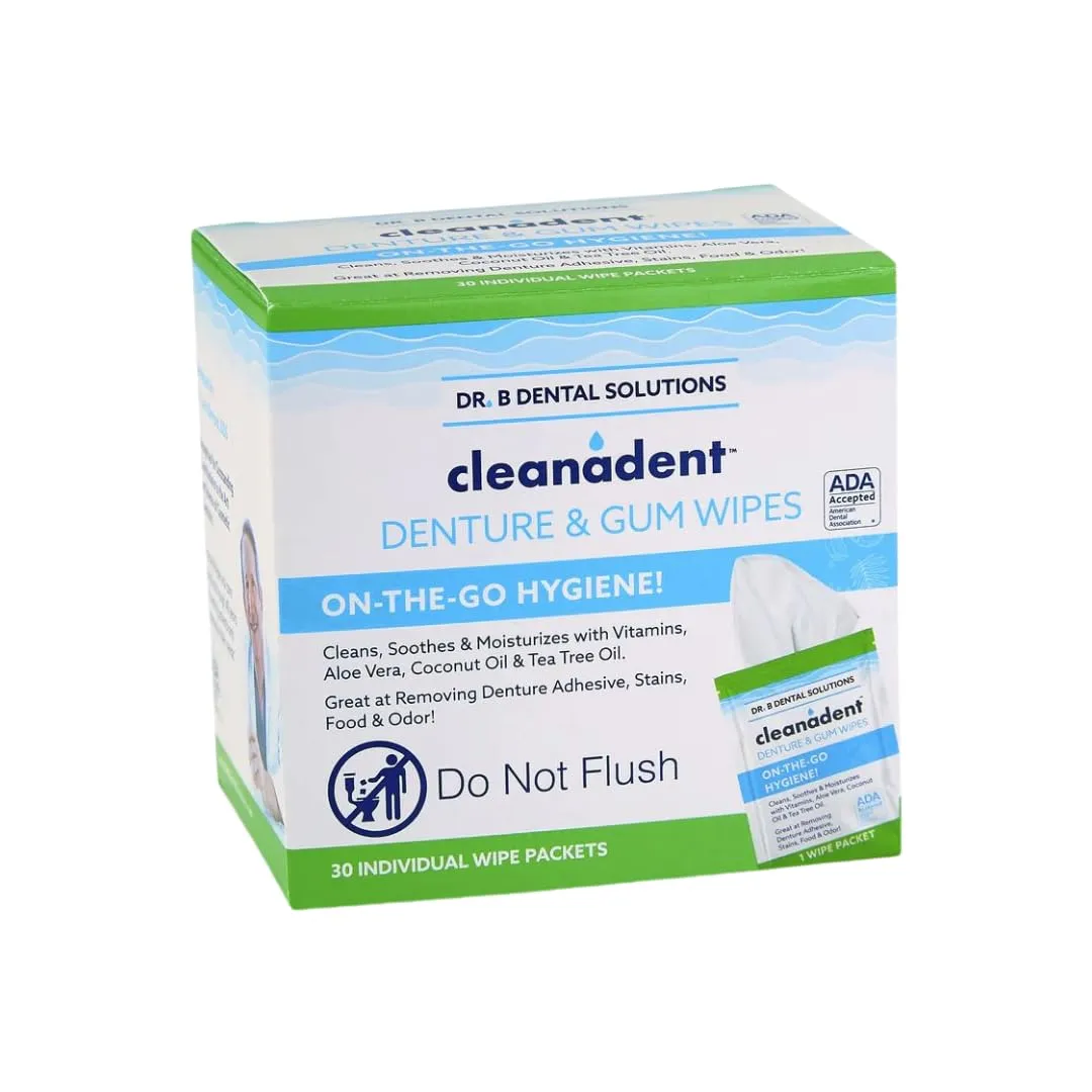 Dr. B Dental Solutions Cleanadent Dental Wipes, Denture Cleaner Removes Adhesives, Food, Stains, and Odor 30 Count Pack of 2