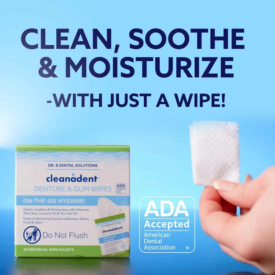 Dr. B Dental Solutions Cleanadent Dental Wipes, Denture Cleaner Removes Adhesives, Food, Stains, and Odor 30 Count Pack of 2