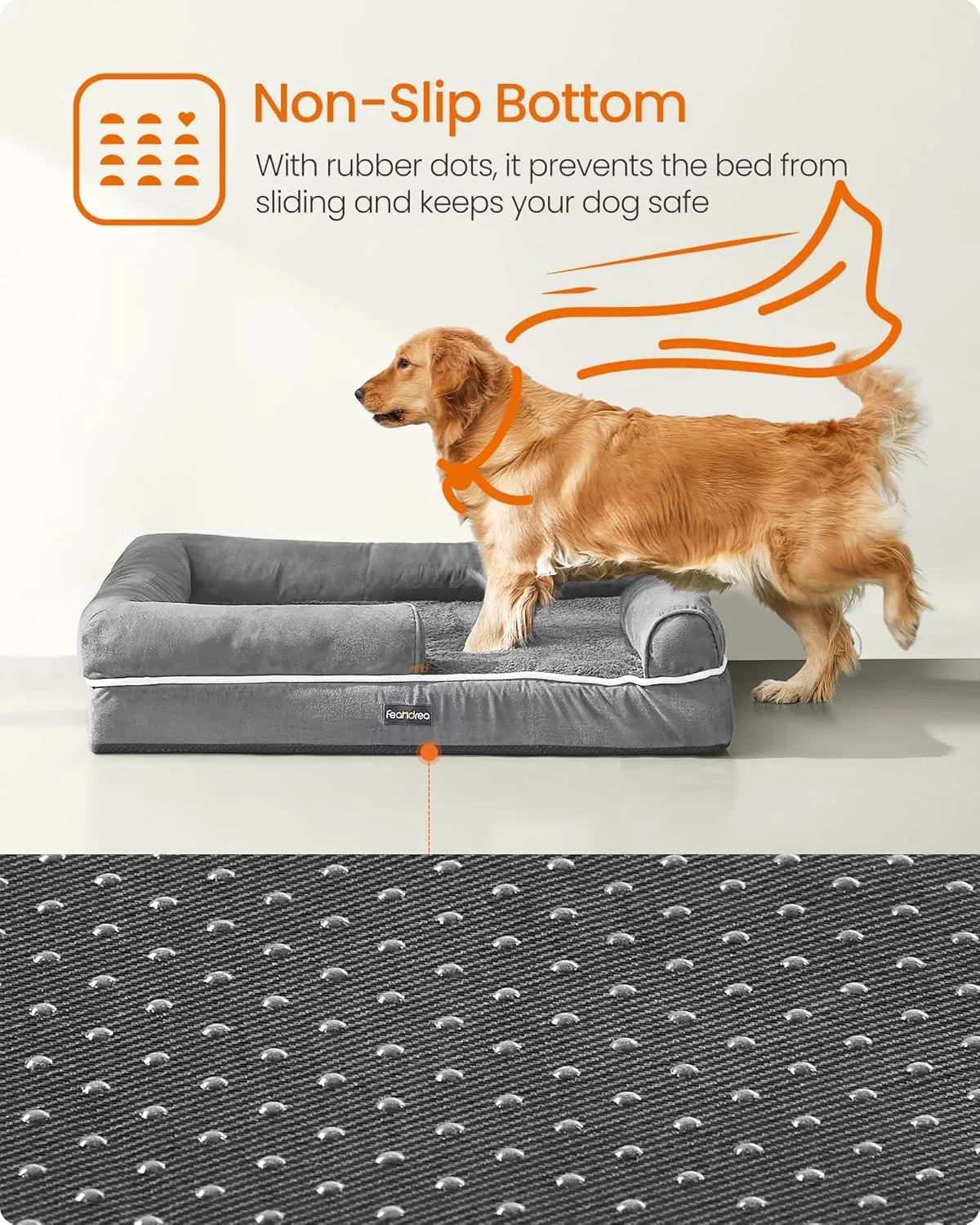 Feandrea Orthopedic Dog Bed - Large, Waterproof, Removable Washable Cover, Non-Slip, Raised Edges, 42 x 32 x 8 Inches, Light Gray UPGW077G02V1