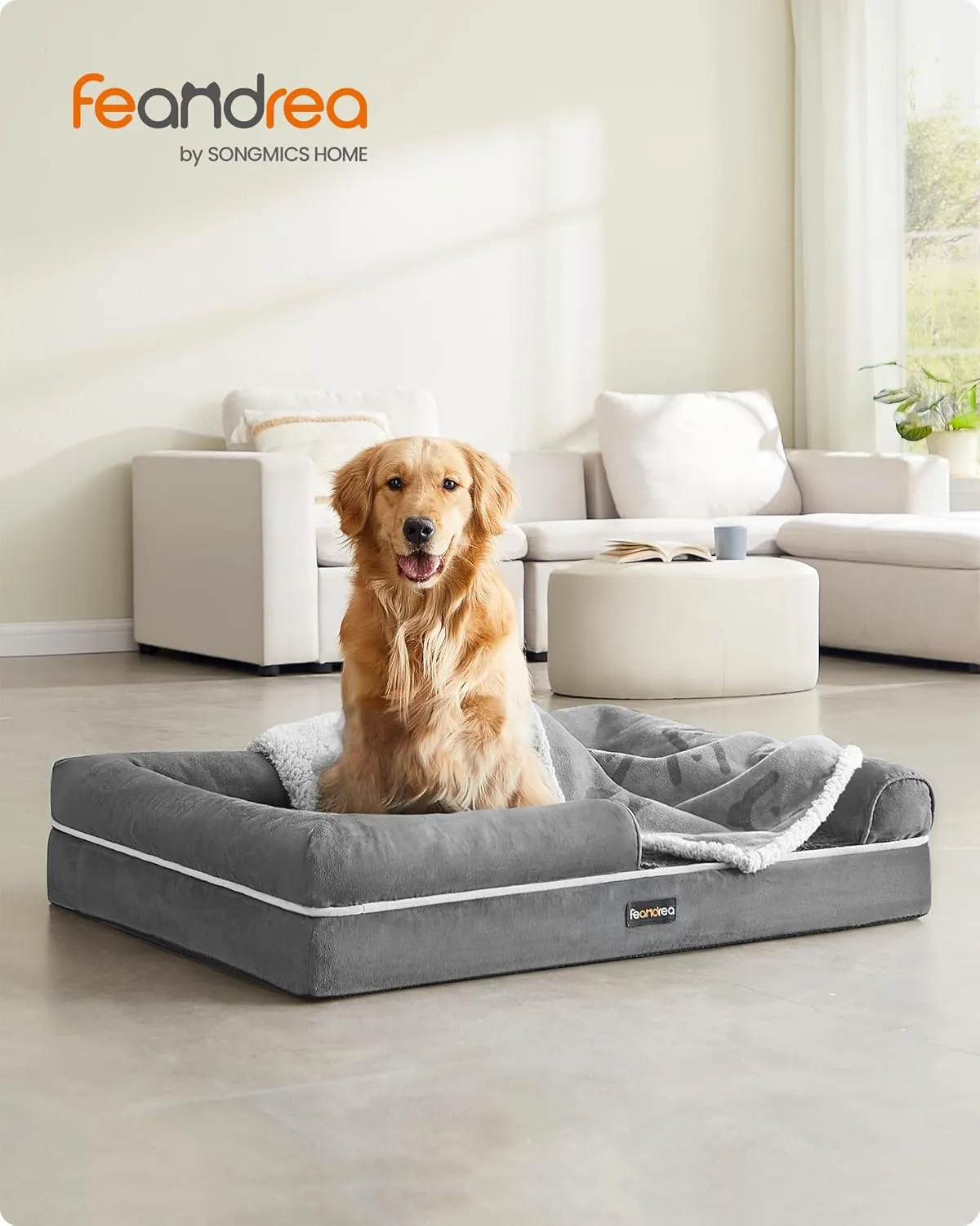 Feandrea Orthopedic Dog Bed - Large, Waterproof, Removable Washable Cover, Non-Slip, Raised Edges, 42 x 32 x 8 Inches, Light Gray UPGW077G02V1