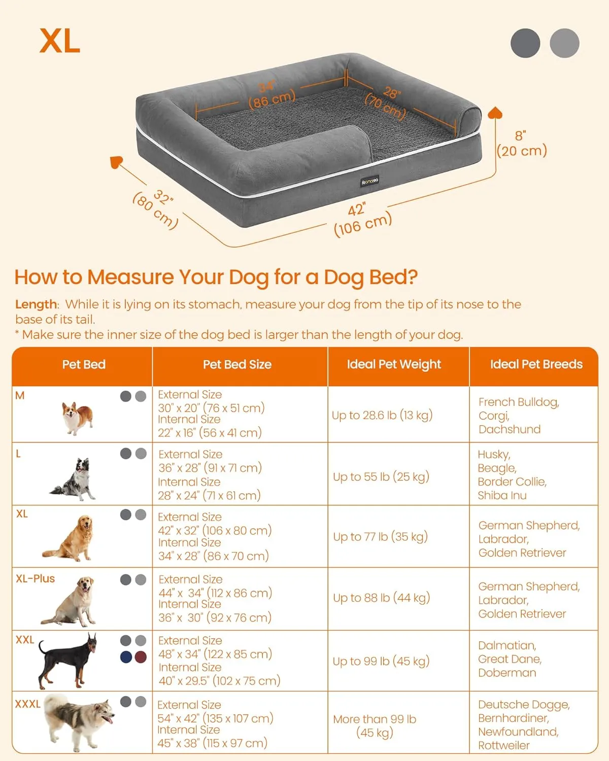Feandrea Orthopedic Dog Bed - Large, Waterproof, Removable Washable Cover, Non-Slip, Raised Edges, 42 x 32 x 8 Inches, Light Gray UPGW077G02V1