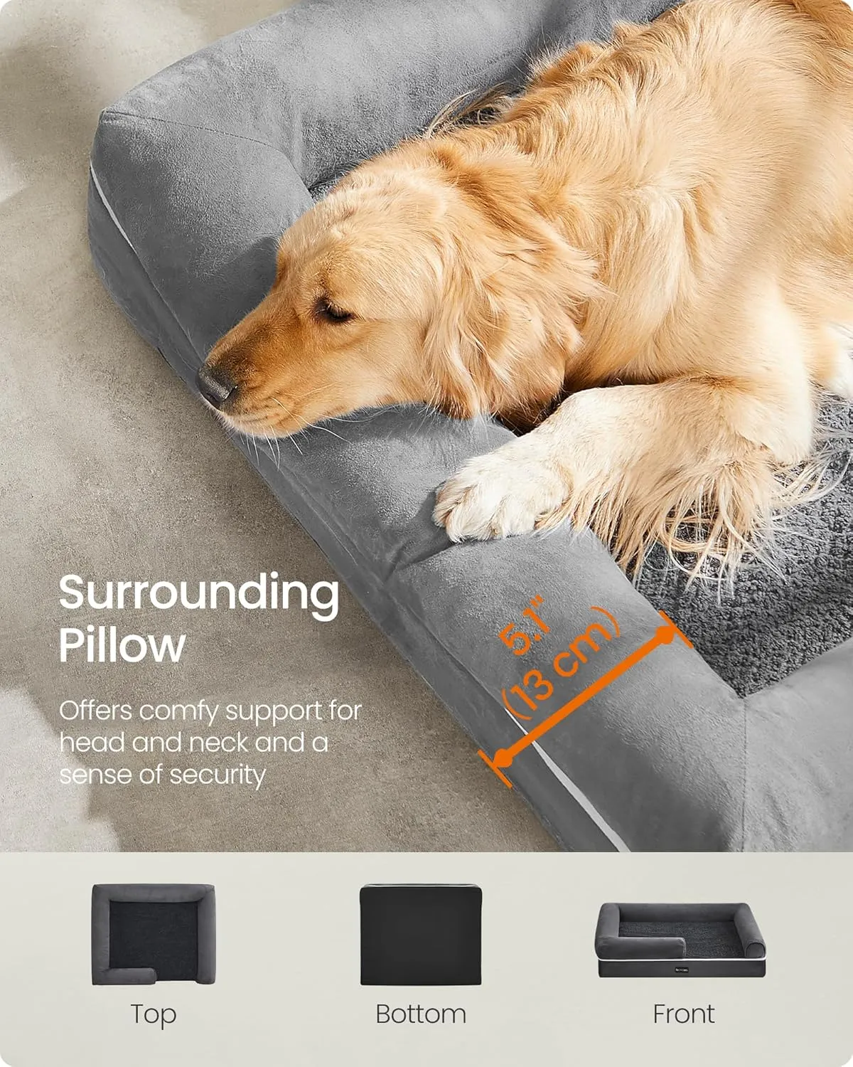 Feandrea Orthopedic Dog Bed - Large, Waterproof, Removable Washable Cover, Non-Slip, Raised Edges, 42 x 32 x 8 Inches, Light Gray UPGW077G02V1