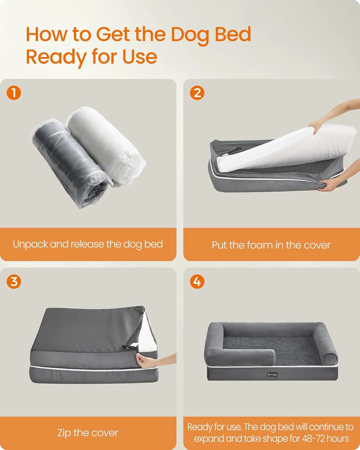 Feandrea Orthopedic Dog Bed - Large, Waterproof, Removable Washable Cover, Non-Slip, Raised Edges, 42 x 32 x 8 Inches, Light Gray UPGW077G02V1