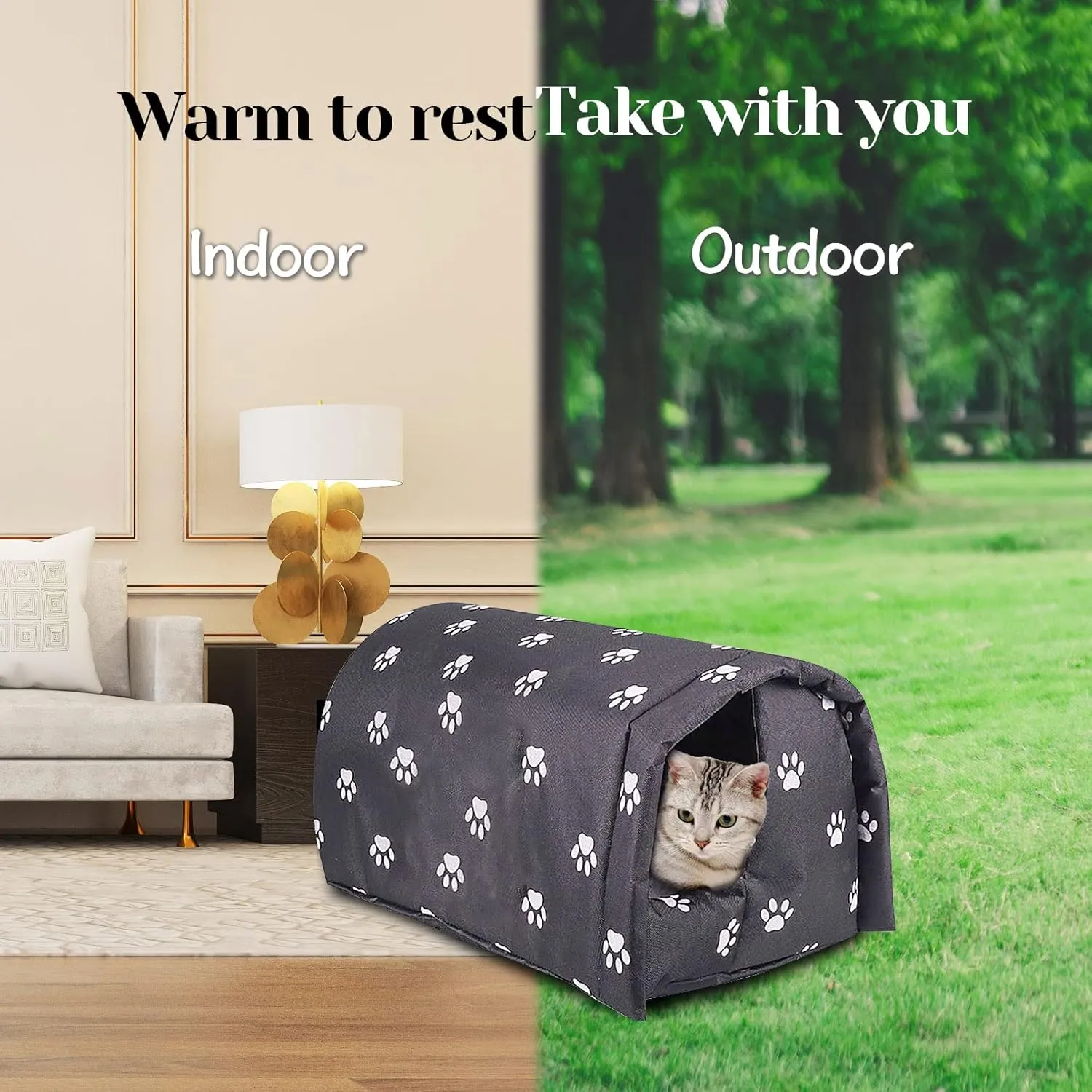 Fhiny Stray Cats Shelter, Waterproof Outdoor Cat House Foldable Warm Pet Cave for Winter Wild Animal Tent Bed Anti-Slip Kitten Cave for Feral Cat Dog Puppy Weatherproof Black (M:17.7"15.7"13.7")