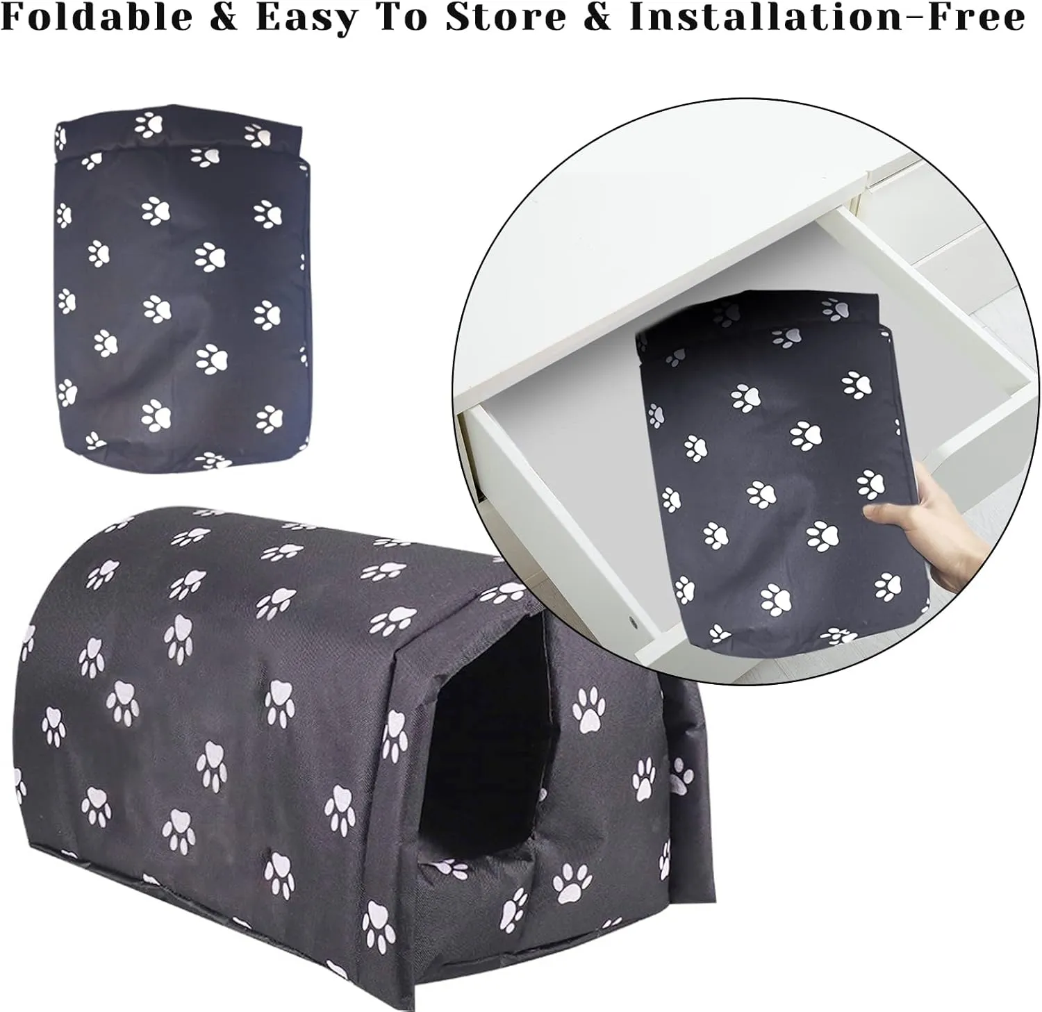 Fhiny Stray Cats Shelter, Waterproof Outdoor Cat House Foldable Warm Pet Cave for Winter Wild Animal Tent Bed Anti-Slip Kitten Cave for Feral Cat Dog Puppy Weatherproof Black (M:17.7"15.7"13.7")