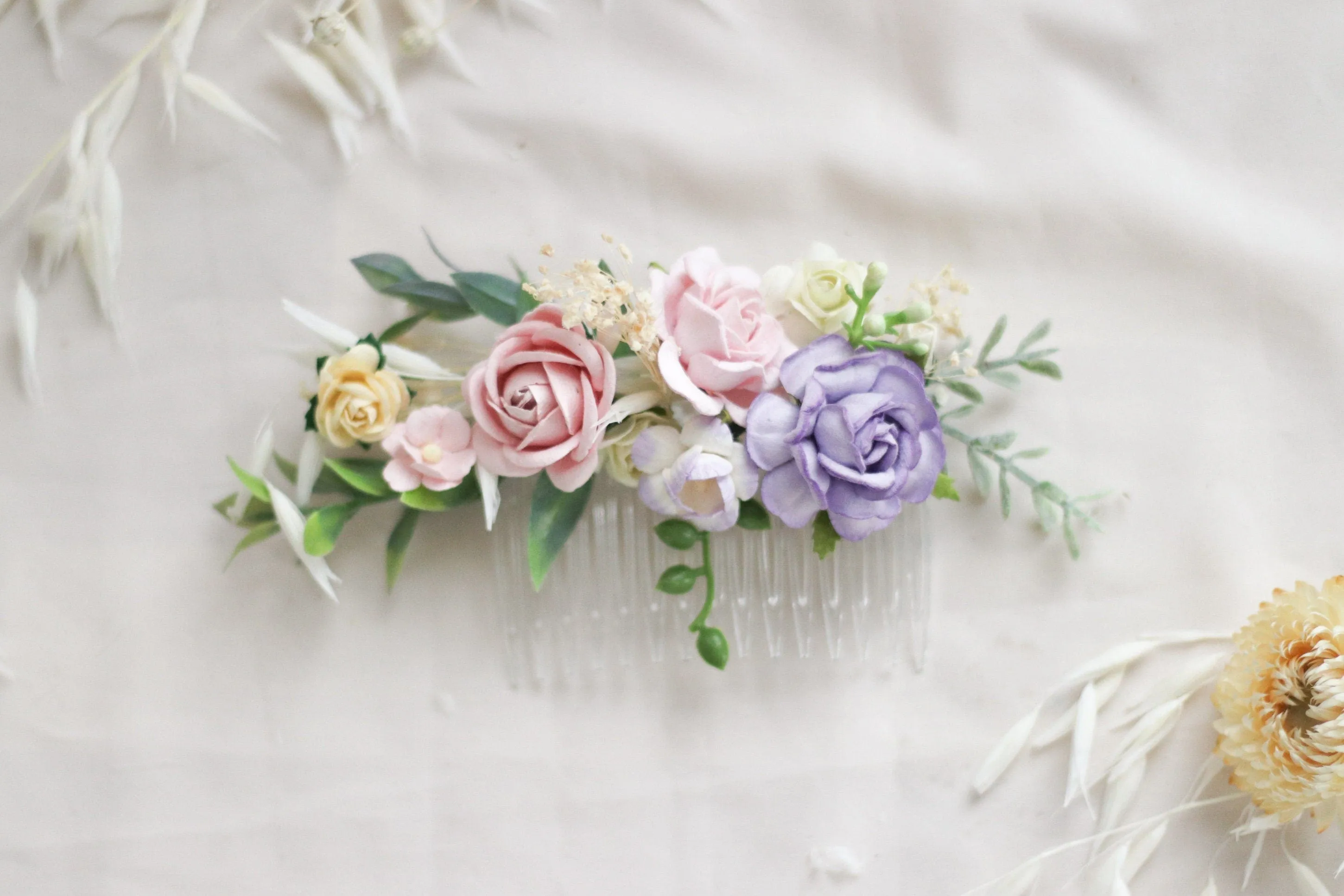 Flower Hair Comb / Purple, Peach Mulberry Paper Rose Wedding Comb